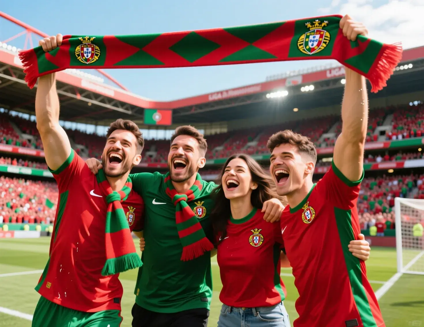 Adeptos portugueses entusiasmados no estádio a celebrar um golo com cachecóis e camisolas das suas equipas
