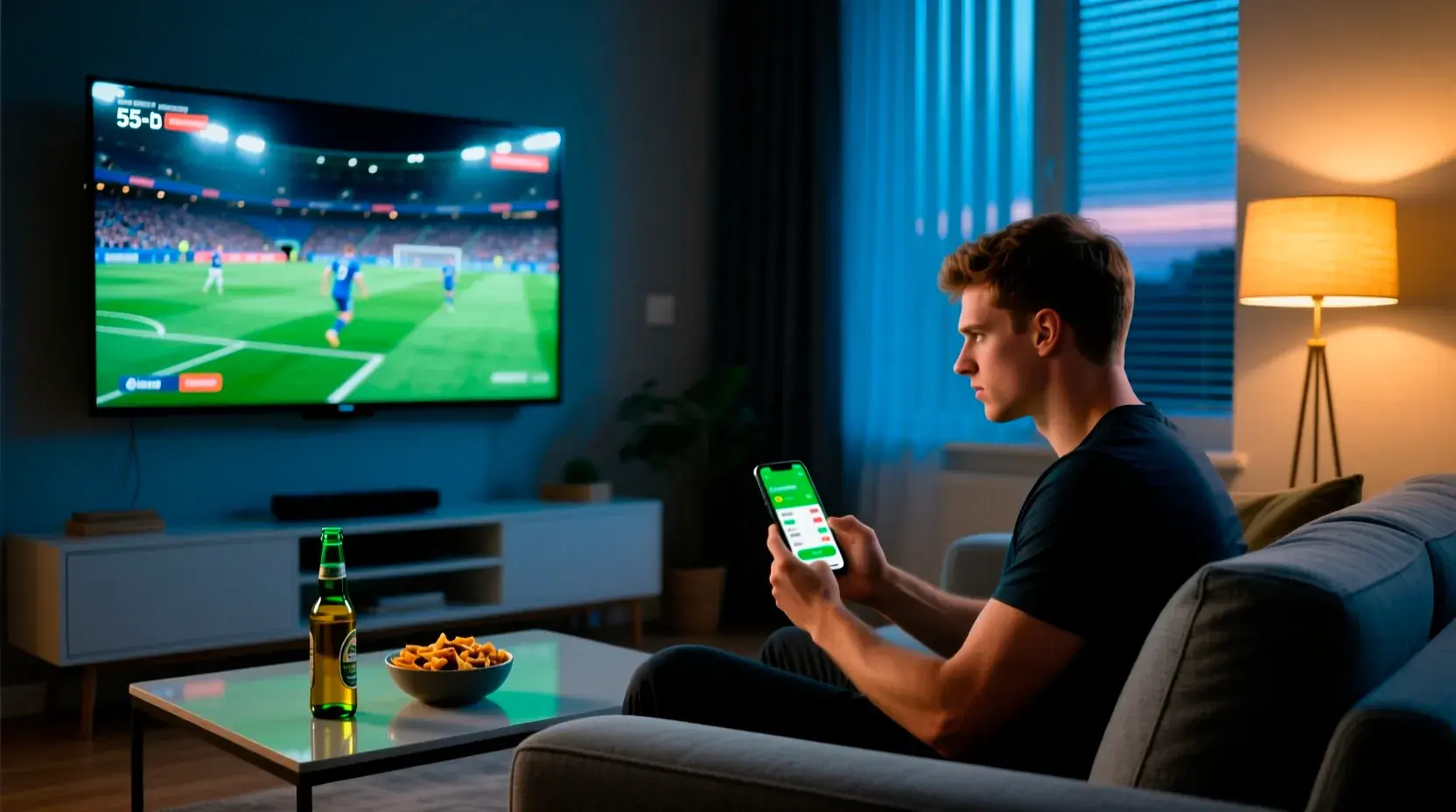 Apostador a assistir jogo de futebol ao vivo na televisão enquanto faz apostas em tempo real no telemóvel