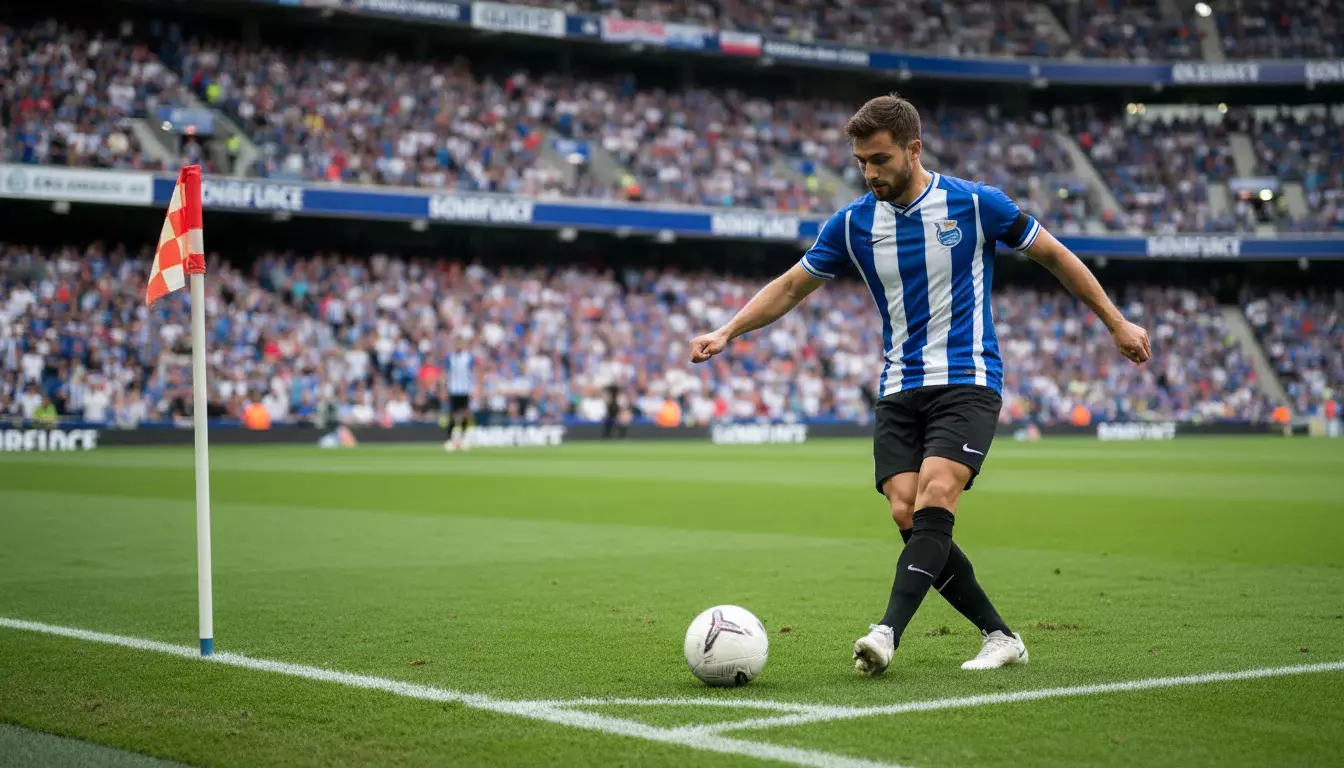 Jogador de futebol a preparar-se para bater um canto com a bola no canto do campo