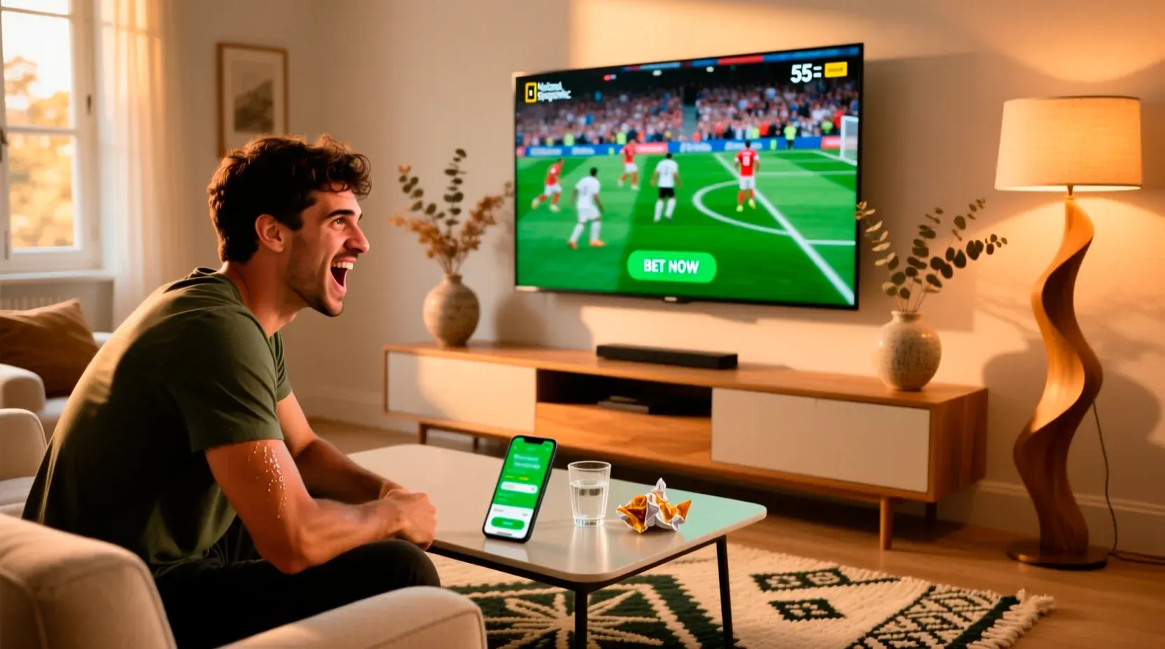 Jovem português a ver jogo de futebol na televisão com smartphone mostrando aplicação de apostas desportivas