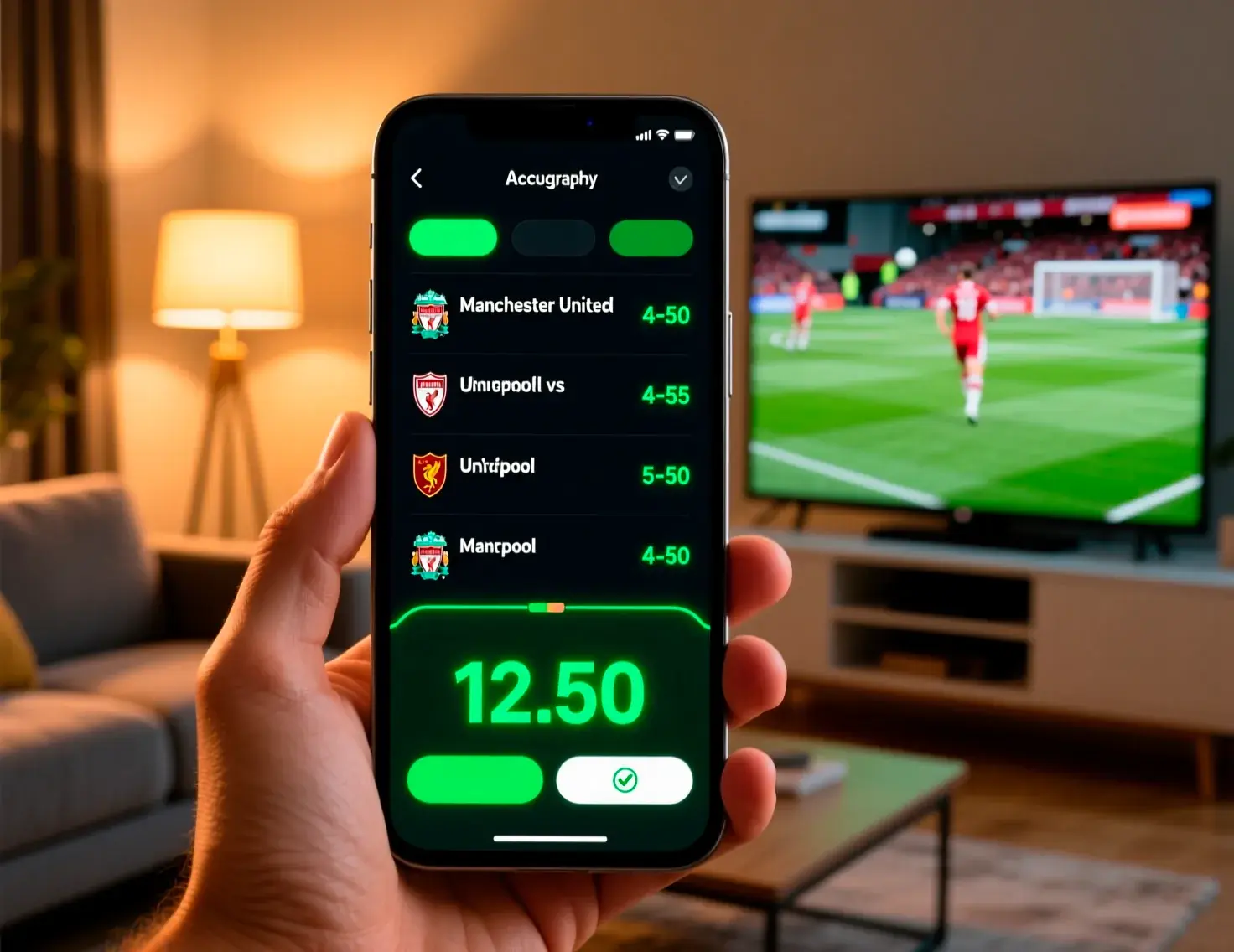 Ecrã de smartphone mostrando boletim de apostas múltiplas com várias selecções de futebol combinadas