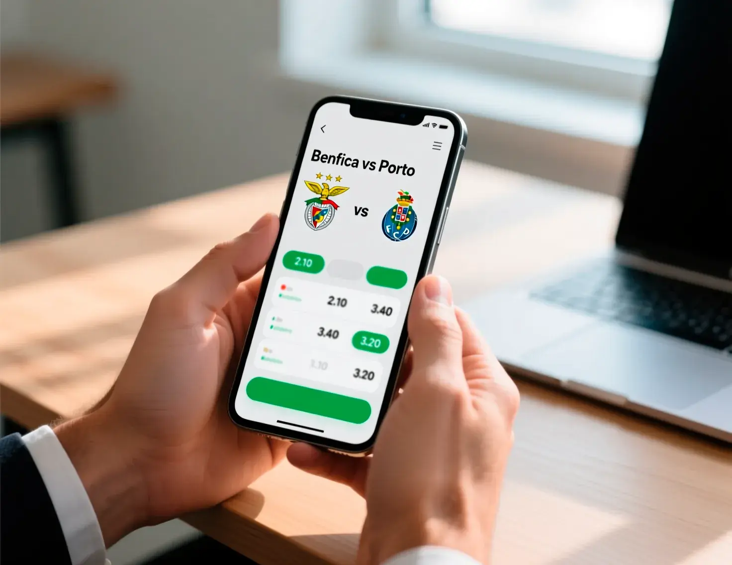 Mãos a segurar smartphone com interface de aplicação de apostas mostrando odds de jogo Benfica vs Porto