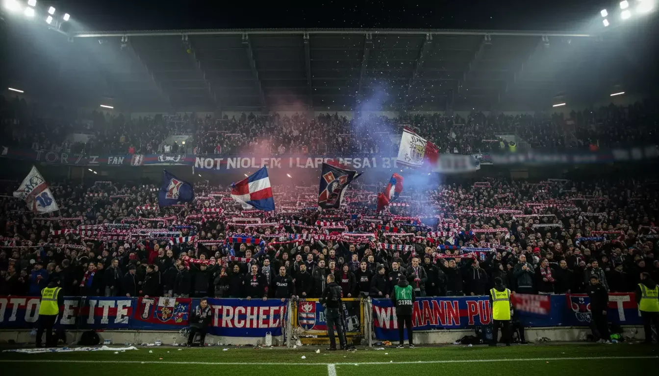 Adeptos fervorosos com cachecóis e bandeiras criando atmosfera intensa no estádio
