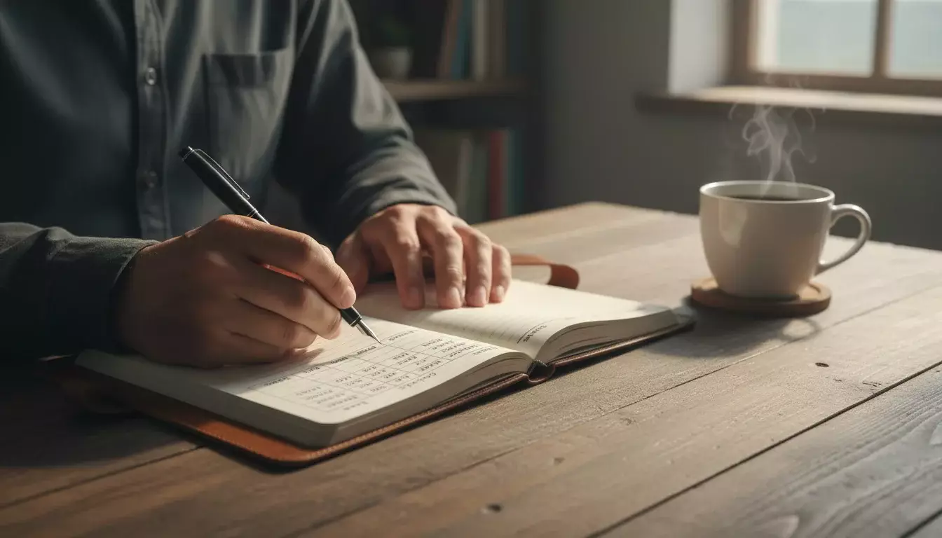 Pessoa a registar apostas num caderno com disciplina e organização