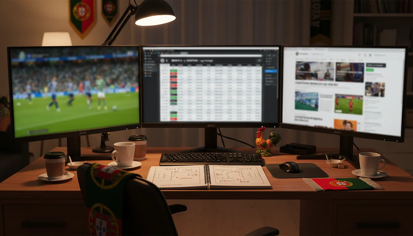 Pessoa a analisar jogos da liga portuguesa com múltiplos ecrãs