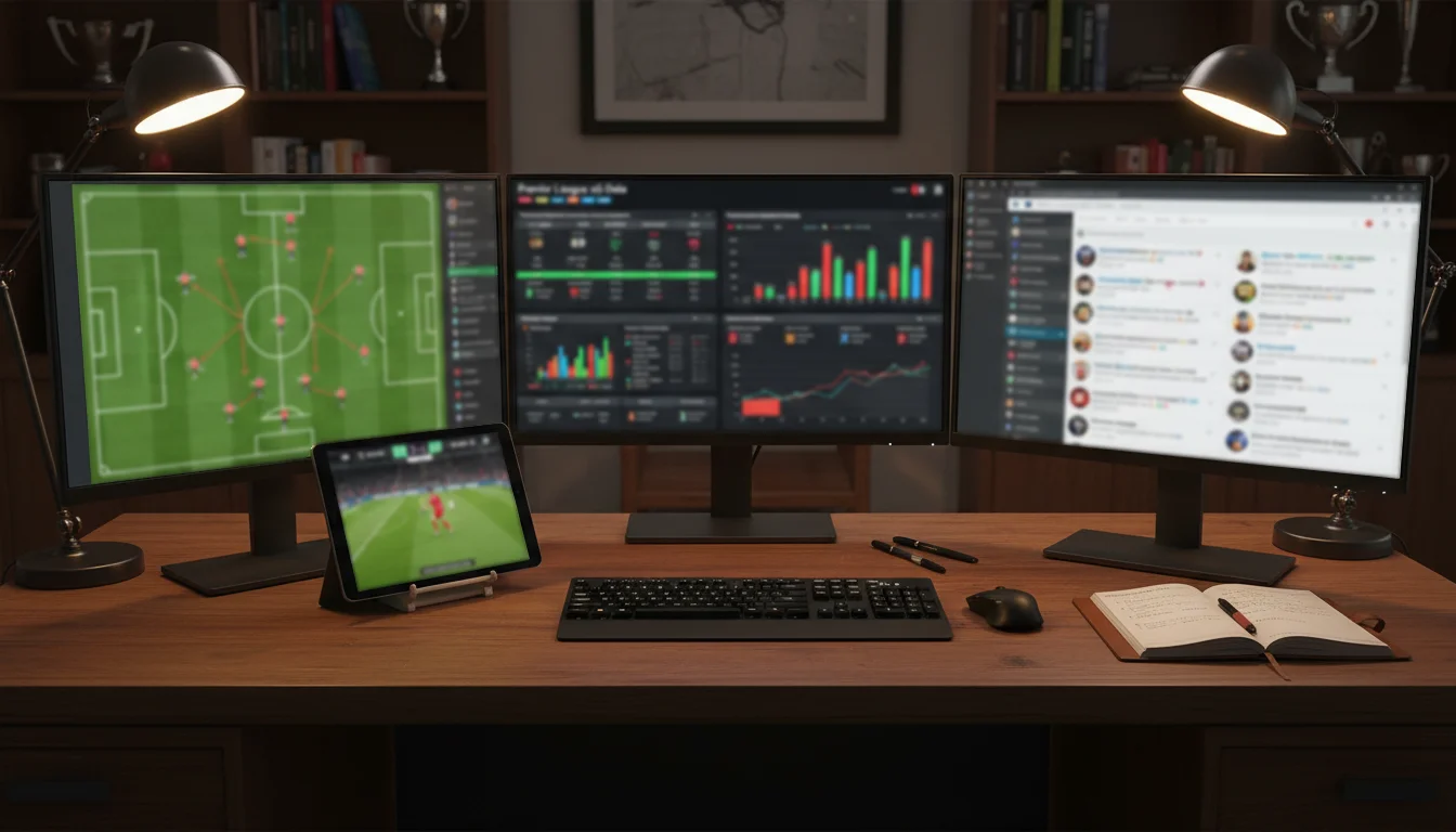 Analista a estudar dados da Premier League em múltiplos monitores