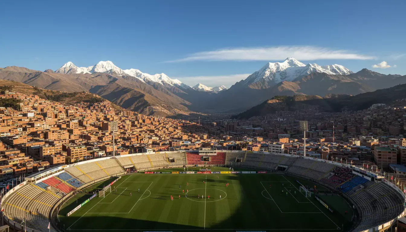 Estádio de futebol em La Paz rodeado por montanhas andinas
