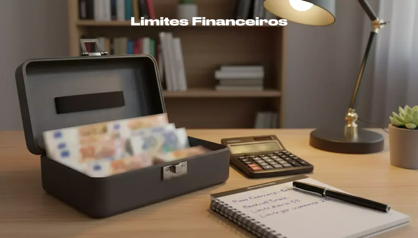 Cofre com notas organizadas e calculadora mostrando percentagens de banca