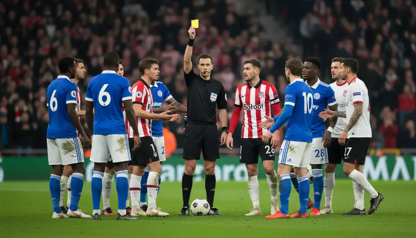 Árbitro de futebol a mostrar um cartão amarelo durante um jogo com jogadores em redor