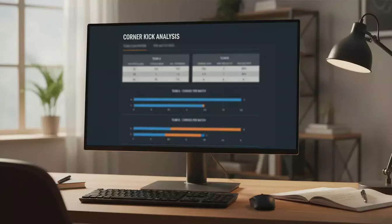 Ecrã de computador mostrando estatísticas detalhadas de cantos por equipa