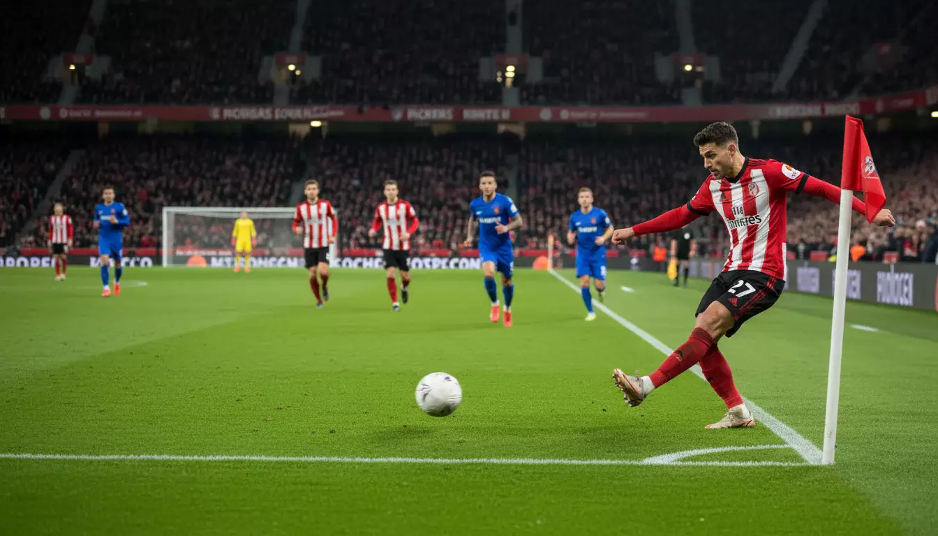 Jogador de futebol a cruzar a bola pela linha lateral durante um ataque