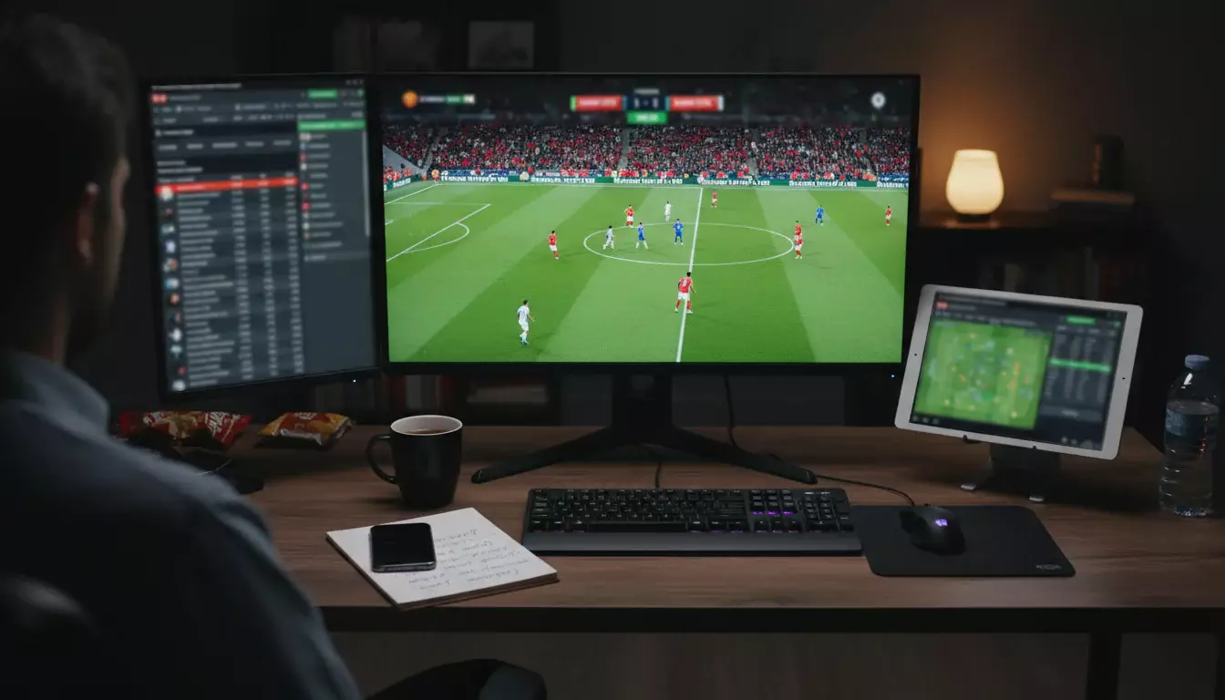 Configuração com múltiplos ecrãs mostrando jogos e odds ao vivo