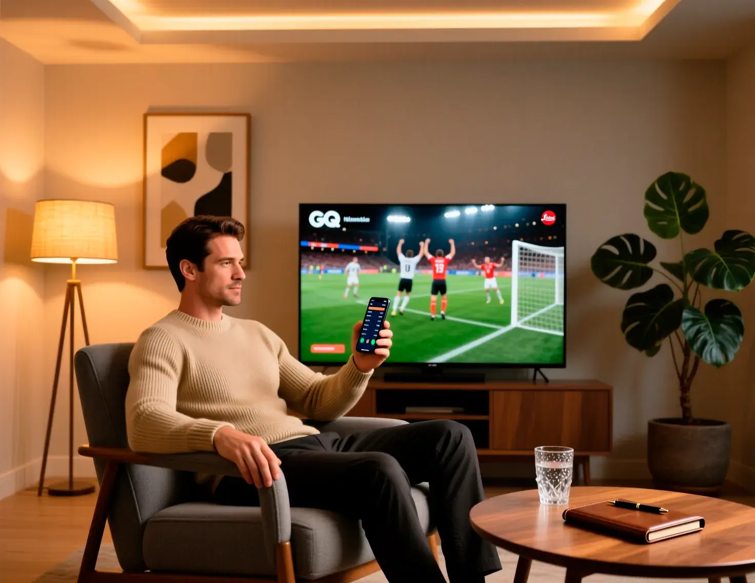 Pessoa calma e focada a assistir jogo de futebol com telemóvel na mão representando controlo emocional nas apostas ao vivo