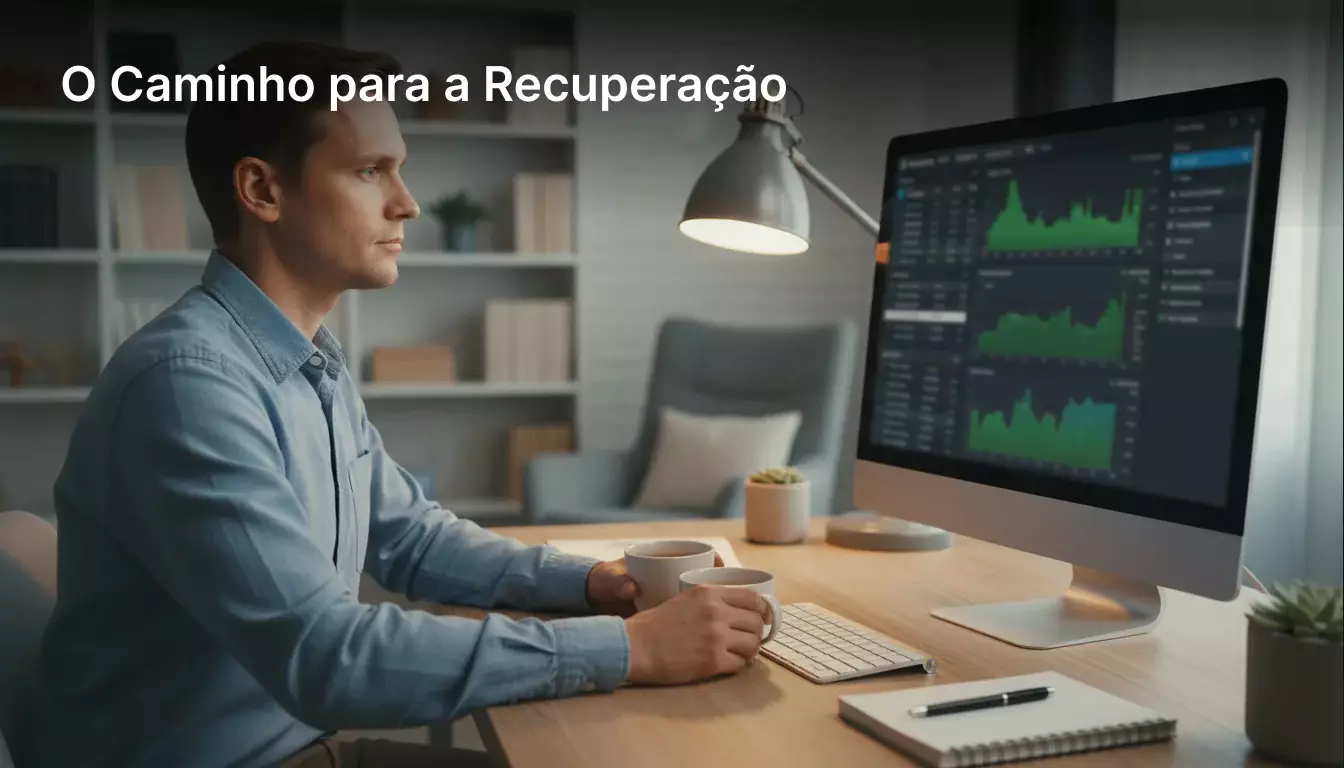 Pessoa pensativa com expressão calma a analisar dados no computador