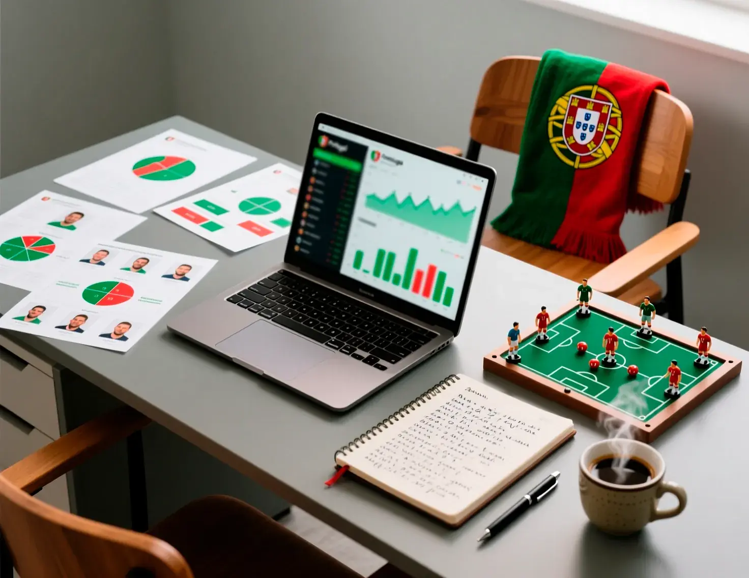 Mesa de trabalho dedicada à análise da Liga Portugal com estatísticas e notas de equipas portuguesas