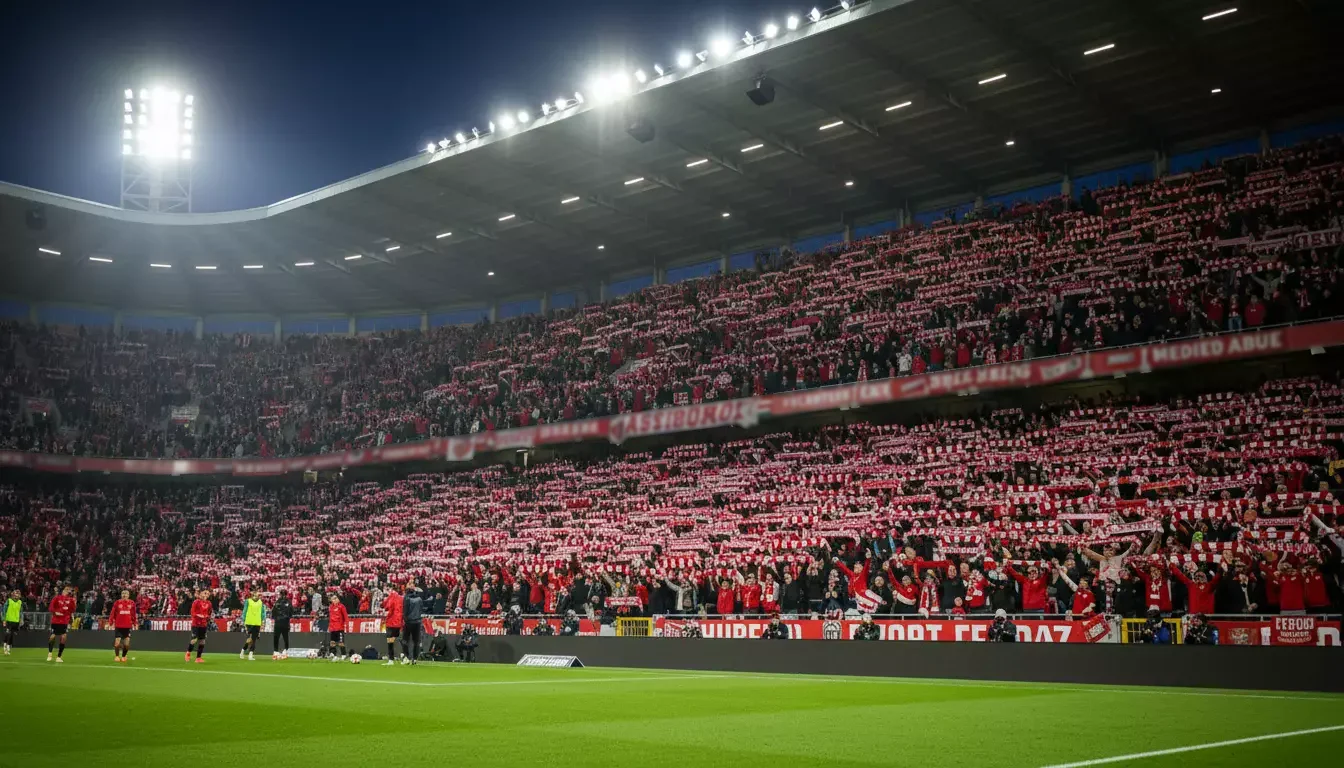 Estádio de futebol lotado com adeptos a apoiar a equipa da casa