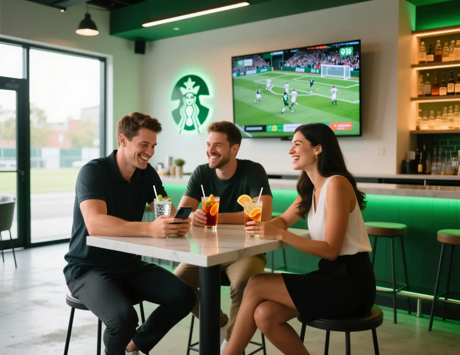 Grupo de amigos a assistir futebol de forma responsável num ambiente social