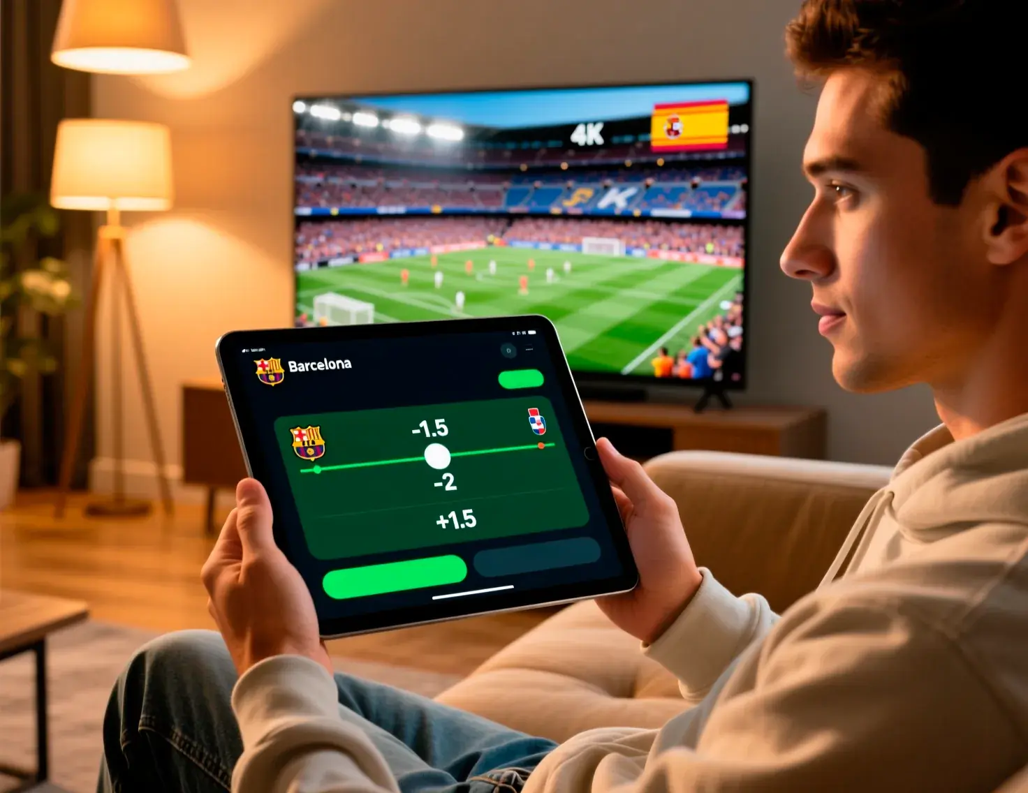Tablet mostrando interface de apostas com mercados de handicap asiático e linhas de handicap para equipas de futebol