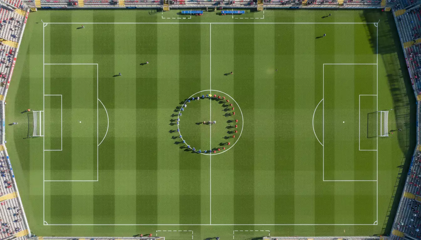 Campo de futebol visto de cima com linhas marcadas e duas equipas em posição