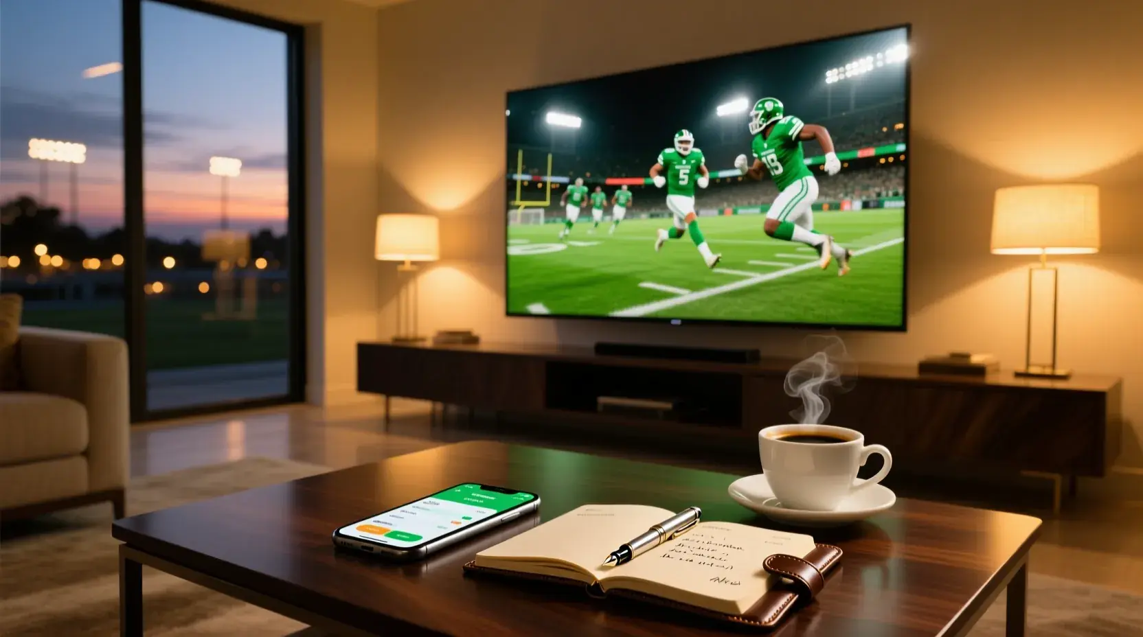 Ambiente moderno de análise de apostas desportivas com jogo de futebol na televisão