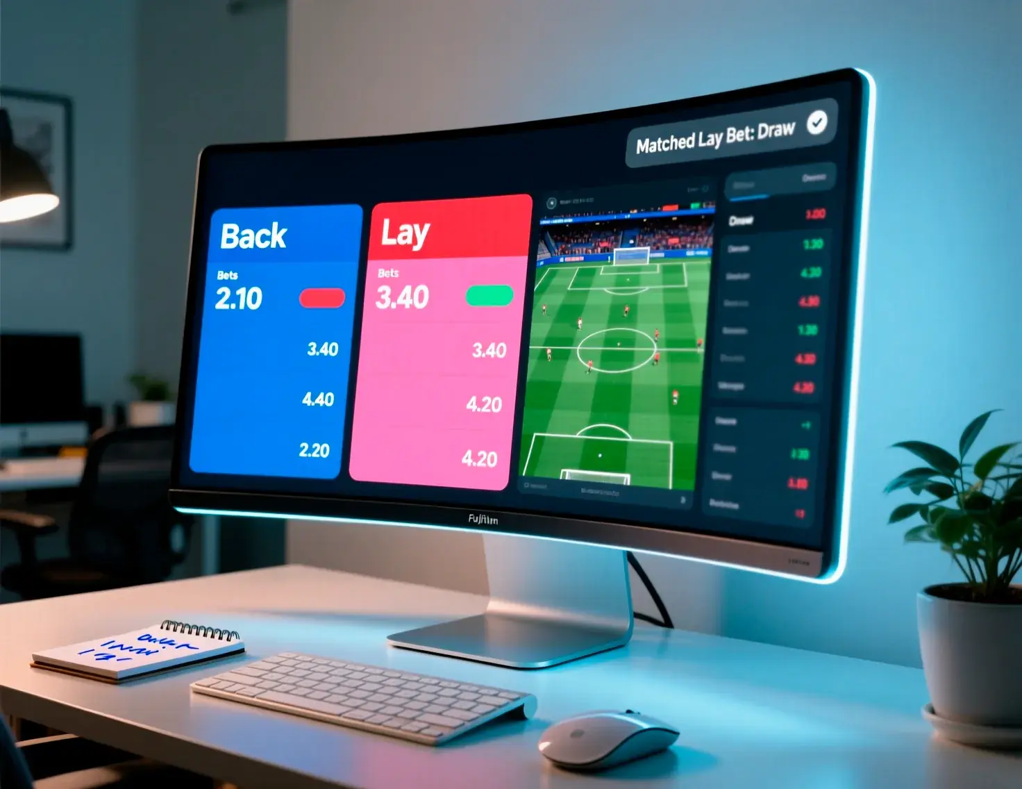 Interface de exchange de apostas mostrando opções de back e lay com odds para apostas contra resultados