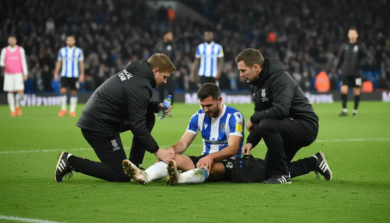 Jogador de futebol a ser assistido por equipa médica no relvado