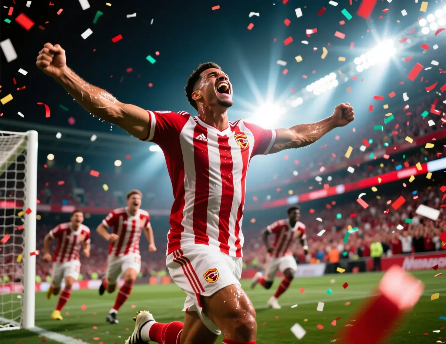Jogador de futebol a celebrar golo com emoção e braços abertos no estádio representando mercados de apostas em marcadores