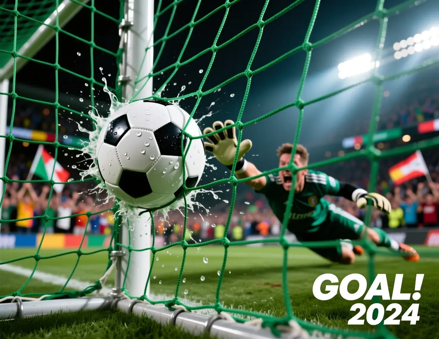 Bola de futebol a entrar na baliza captada por trás da rede representando apostas em número de golos