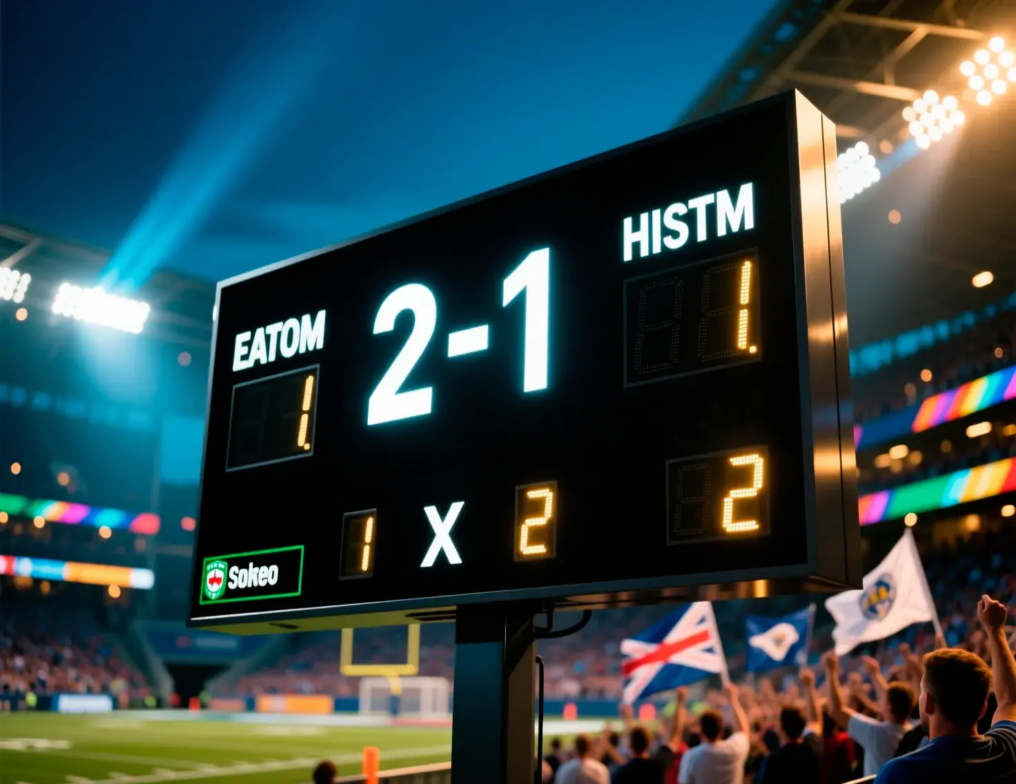 Placar digital de estádio mostrando resultado de jogo de futebol com indicadores de odds do mercado 1X2