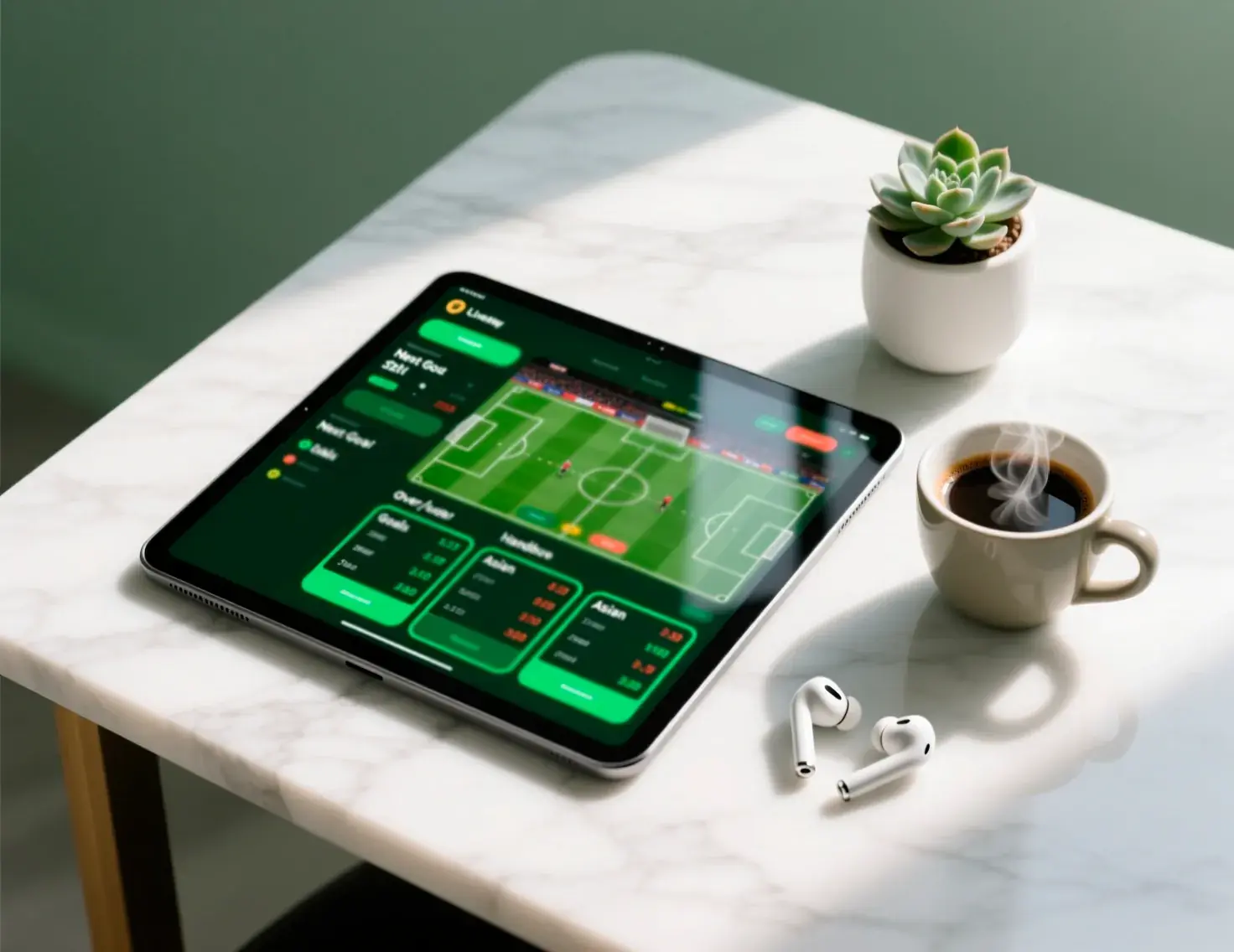 Tablet mostrando aplicação de apostas com diferentes mercados disponíveis para apostas ao vivo em futebol