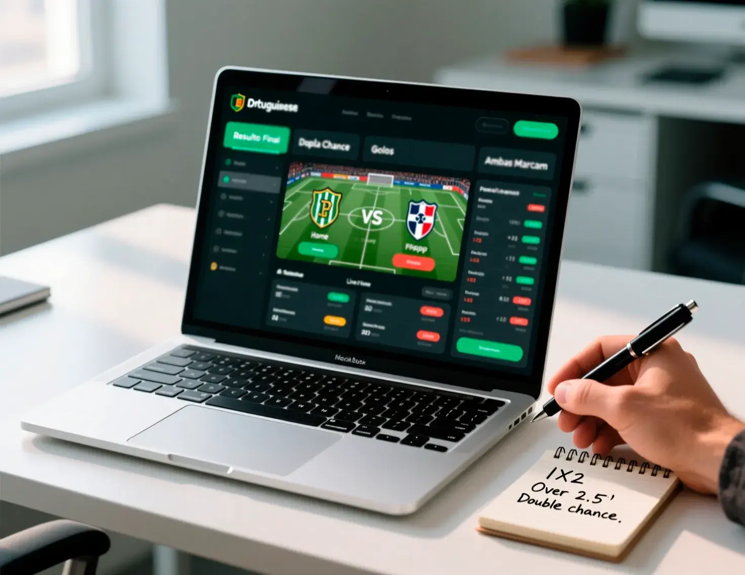 Ecrã de computador portátil mostrando plataforma de apostas com mercados de futebol como Resultado Final e Dupla Chance