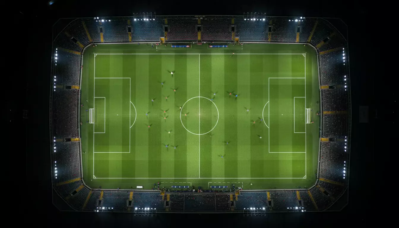 Vista aérea de um campo de futebol com relvado verde vibrante durante um jogo nocturno
