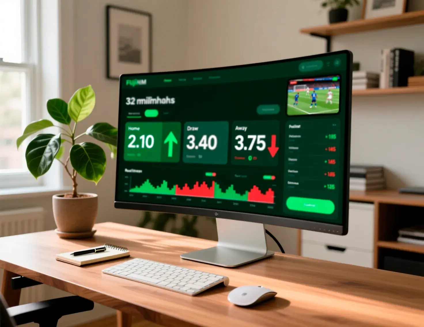 Ecrã de computador mostrando plataforma de apostas com odds a mudar em tempo real durante jogo de futebol