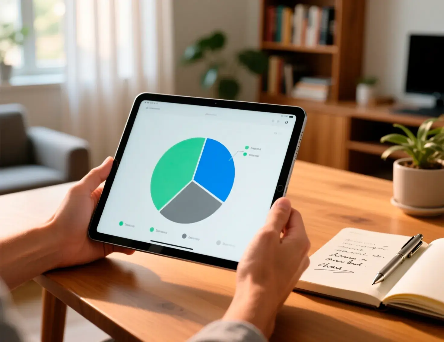 Tablet mostrando gráfico circular com percentagens de alocação de banca para apostas