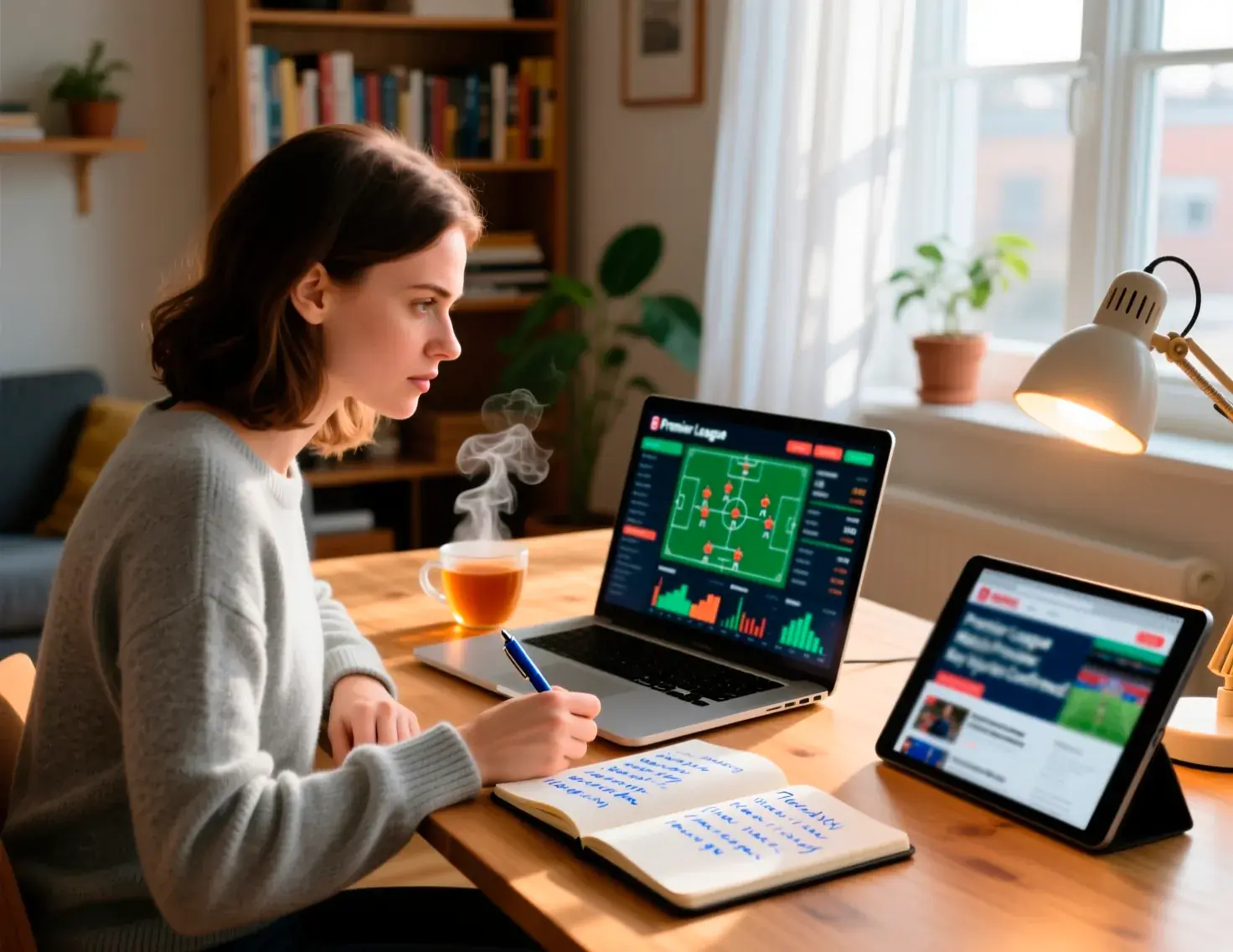 Pessoa a analisar estatísticas de futebol no computador portátil com bloco de notas ao lado para preparar estratégia de apostas