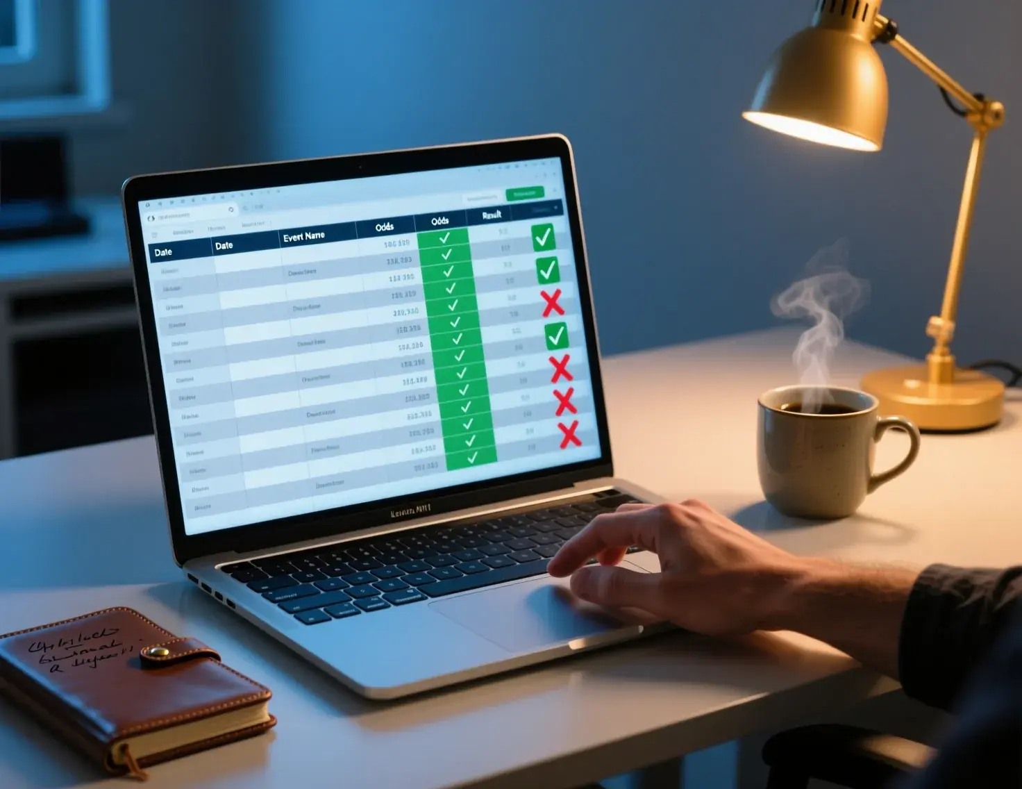 Ecrã de computador portátil mostrando folha de cálculo organizada com registo de apostas incluindo datas odds e resultados