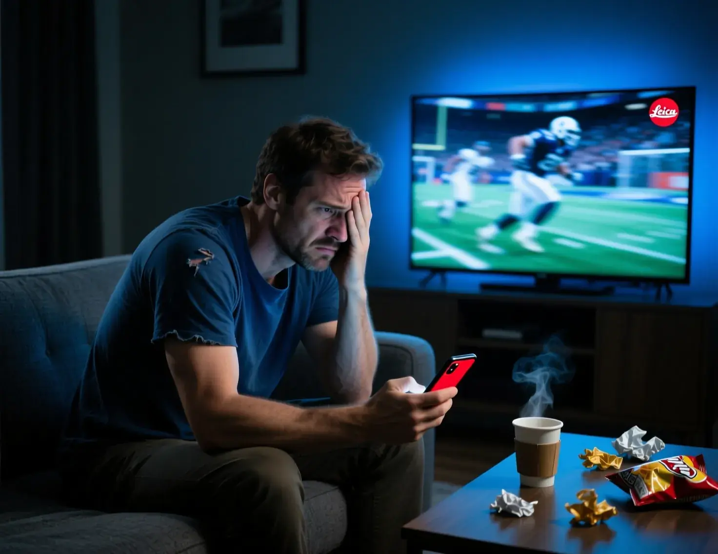 Pessoa stressada a olhar para o telemóvel durante jogo de futebol representando os riscos emocionais das apostas impulsivas