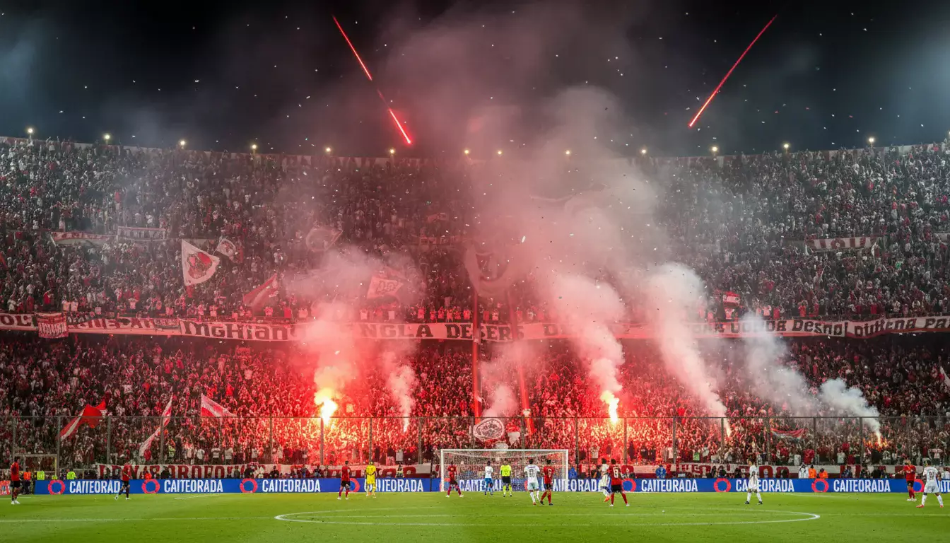 Estádio sul-americano lotado com sinalizadores e bandeiras durante jogo da Libertadores