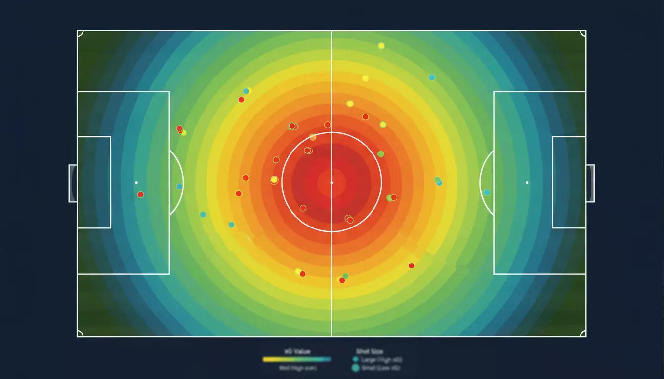Campo de futebol com zonas de remate coloridas indicando probabilidades de golo
